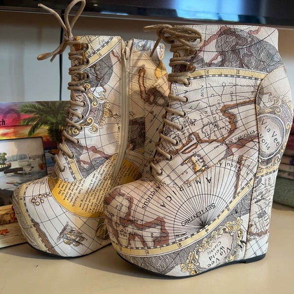 Jeffrey Campbell Handmade Leather Map Platform Wedges - Picture 2 of 6